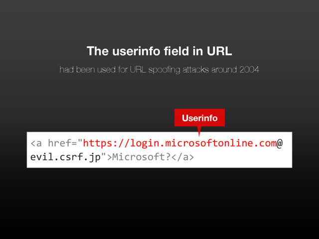 The userinfo field in URL
had been used for URL spoofing attacks around 2004
<a href="https://login.microsoftonline.com@%0Aevil.csrf.jp">Microsoft?</a>
Userinfo
