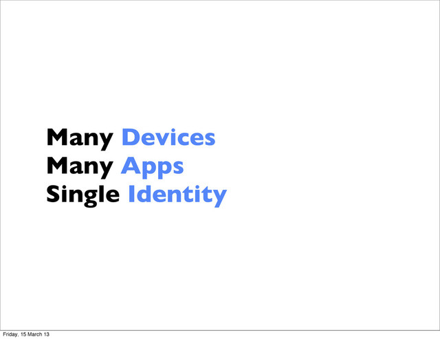 Many Devices
Many Apps
Single Identity
Friday, 15 March 13

