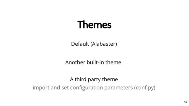 Themes
Themes
Another built-in theme
Default (Alabaster)
A third party theme
import and set conﬁguration parameters (conf.py)
55
