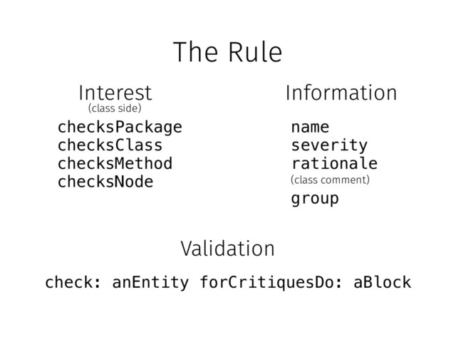 The Rule
checksPackage
checksClass
checksMethod
checksNode
Interest
(class side)
Information
name
severity
rationale
(class comment)
group
Validation
check: anEntity forCritiquesDo: aBlock
