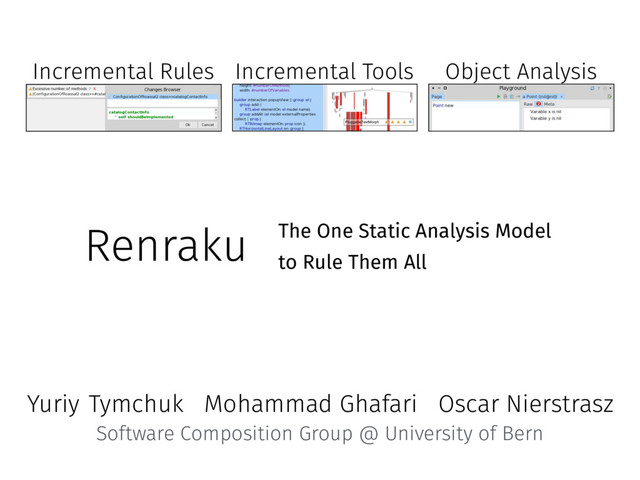 Renraku The One Static Analysis Model
to Rule Them All
Object Analysis
Incremental Rules Incremental Tools
Yuriy Tymchuk Mohammad Ghafari Oscar Nierstrasz
Software Composition Group @ University of Bern
