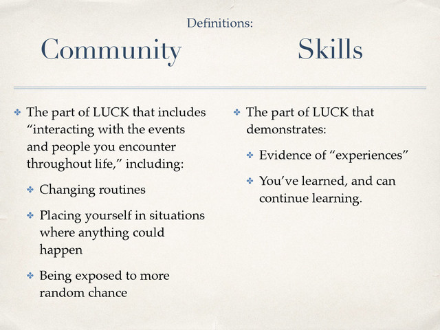 ✤ The part of LUCK that includes
“interacting with the events
and people you encounter
throughout life,” including:
✤ Changing routines
✤ Placing yourself in situations
where anything could
happen
✤ Being exposed to more
random chance
✤ The part of LUCK that
demonstrates:
✤ Evidence of “experiences”
✤ You’ve learned, and can
continue learning.
Community Skills
Deﬁnitions:
