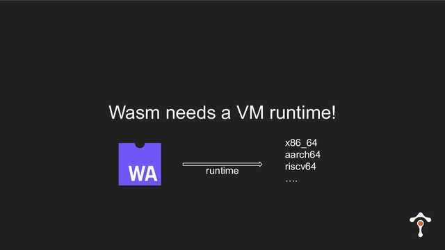 Wasm needs a VM runtime!
x86_64
aarch64
riscv64
….
runtime
