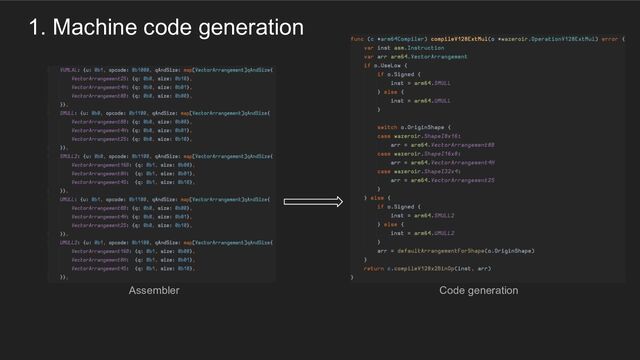 1. Machine code generation
Assembler Code generation
