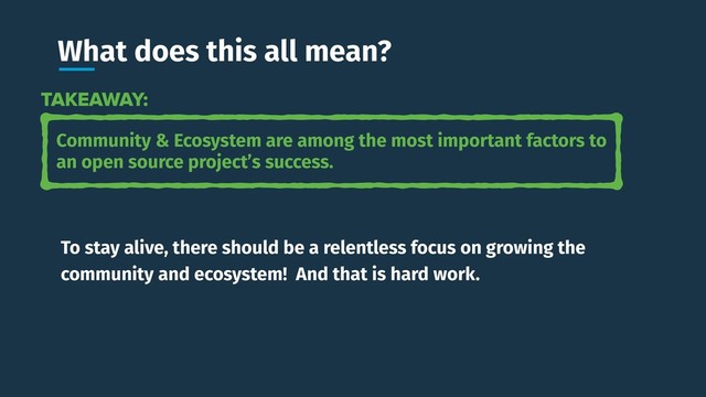 What does this all mean?
Community & Ecosystem are among the most important factors to
an open source project’s success.
TAKEAWAY:
To stay alive, there should be a relentless focus on growing the
community and ecosystem! And that is hard work.
