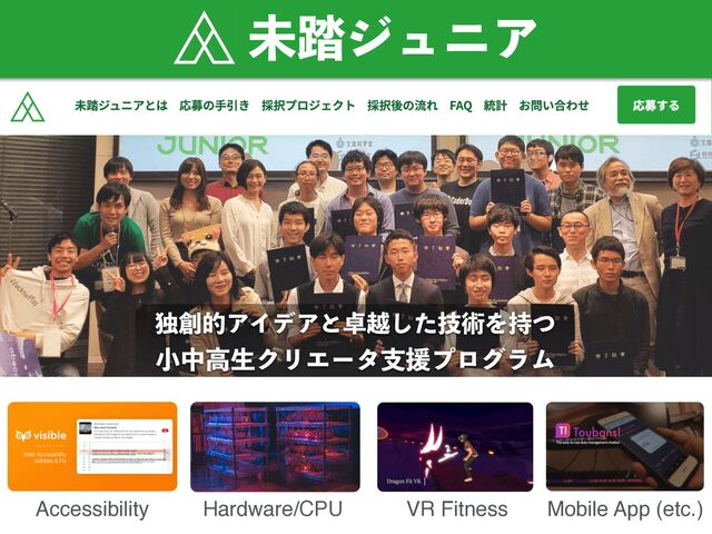 ಠ૑తΞΠσΞͱ୎ӽٕͨ͠ज़Λ࣋ͭ
খதߴੜΫϦΤʔλࢧԉϓϩάϥϜ
Accessibility Hardware/CPU VR Fitness Mobile App (etc.)
ະ౿δϡχΞ
