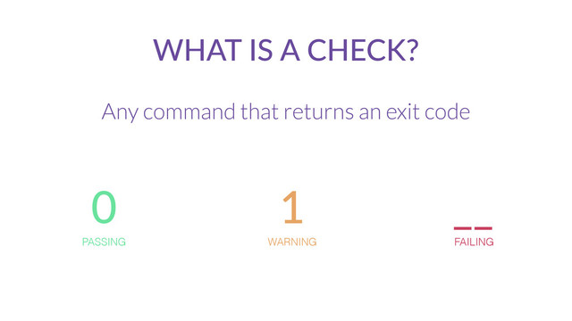 WHAT  IS  A  CHECK?
Any command that returns an exit code
0
PASSING
1
WARNING
__
FAILING
