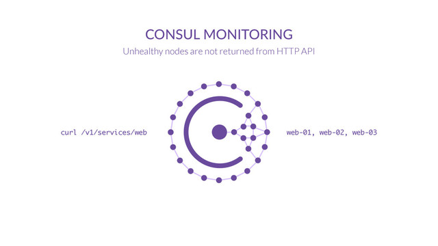 CONSUL  MONITORING
Unhealthy nodes are not returned from HTTP API
curl /v1/services/web web-01, web-02, web-03
