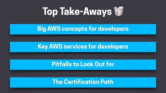 Top Take-Aways 🥡
Key AWS services for developers
Big AWS concepts for developers
Pitfalls to Look Out for
The Certification Path
