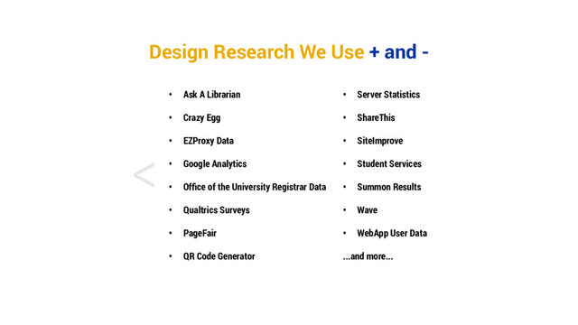 <
• Ask A Librarian
• Crazy Egg
• EZProxy Data
• Google Analytics
• Office of the University Registrar Data
• Qualtrics Surveys
• PageFair
• QR Code Generator
• Server Statistics
• ShareThis
• SiteImprove
• Student Services
• Summon Results
• Wave
• WebApp User Data
...and more...
Design Research We Use + and -
