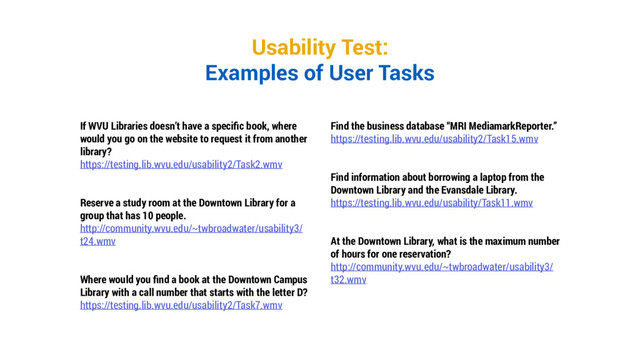 Usability Test:
Examples of User Tasks
If WVU Libraries doesn’t have a specific book, where
would you go on the website to request it from another
library?
https://testing.lib.wvu.edu/usability2/Task2.wmv
Reserve a study room at the Downtown Library for a
group that has 10 people.
http://community.wvu.edu/~twbroadwater/usability3/
t24.wmv
Where would you find a book at the Downtown Campus
Library with a call number that starts with the letter D?
https://testing.lib.wvu.edu/usability2/Task7.wmv
Find the business database “MRI MediamarkReporter.”
https://testing.lib.wvu.edu/usability2/Task15.wmv
Find information about borrowing a laptop from the
Downtown Library and the Evansdale Library.
https://testing.lib.wvu.edu/usability/Task11.wmv
At the Downtown Library, what is the maximum number
of hours for one reservation?
http://community.wvu.edu/~twbroadwater/usability3/
t32.wmv
