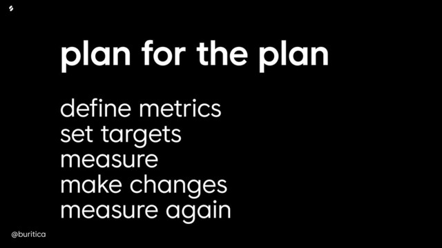 @buritica
plan for the plan 
define metrics
set targets
measure
make changes
measure again
