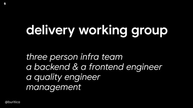 @buritica
delivery working group
 
three person infra team
a backend & a frontend engineer
a quality engineer
management
