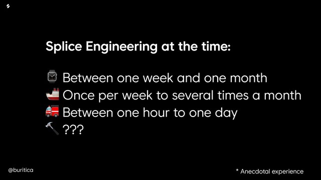 @buritica
Splice Engineering at the time:
⌚ Between one week and one month
 Once per week to several times a month
 Between one hour to one day 
 ???
* Anecdotal experience

