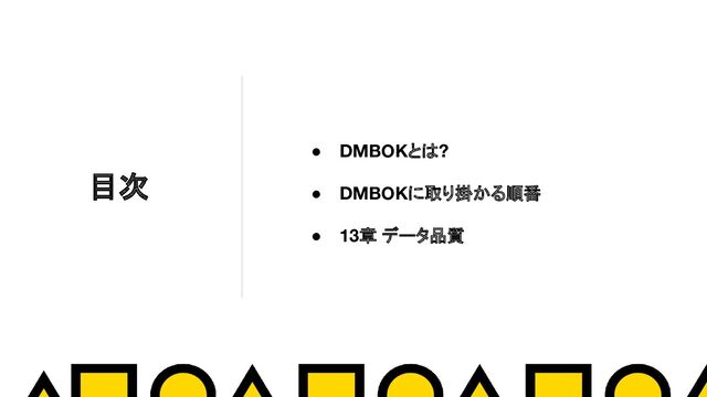 目次
● DMBOKとは?
● DMBOKに取り掛かる順番
● 13章 データ品質
