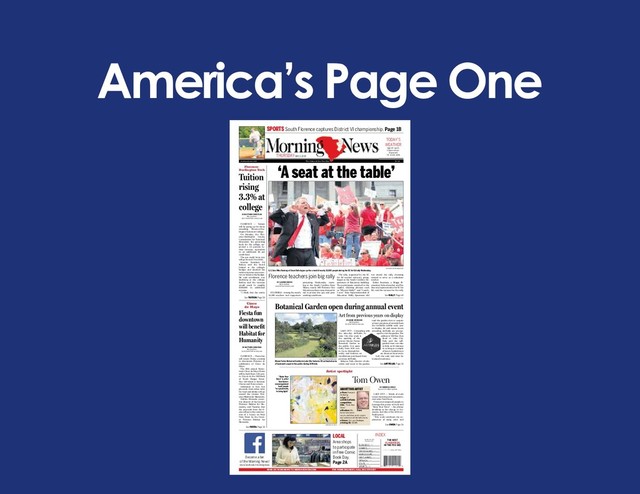 America’s Page One
www.scnow.com TheVoice of the Pee Dee $1.50
INDEX
Vol. 96, No. 122;
Florence, S.C.
BUSINESS, 8B
COMICS, 4B
CROSSWORD, 6B
HOROSCOPE, 6A
OBITUARIES, 5A
OPINION, 7A
STATE, 2A
SPORTS, 1B
THE BEST
CLASSIFIEDS
IN THE PEE DEE
PAGE 5B. CALL 317-SELL
TheVoice of the Pee Dee
SPORTS South Florence captures District VI championship. Page 1B
THURSDAY MAY 2, 2019
Become a fan
of the Morning News!
www.facebook/morningnews
SEND US YOUR NEWS TO NEWS@SCNOW.COM FOR HOME DELIVERY, CALL 843-317-6397
TODAY’S
WEATHER
High 87, low 65.
Chance of rain:
10 percent.
FRI: 81/66, 80%
BY MATTHEW CHRISTIAN
Morning News
mchristian@ﬂorencenews.com
FLORENCE — Fiesta fun
will return Friday evening
to downtown Florence in
celebration of Cinco de
Mayo.
The ﬁfth annual Down-
town Cinco de Mayo Fiesta
will be held from 5:30 p.m.
to 10 p.m. in the 100 block
of South Dargan Street.
The 100 block is between
Cheves and Evans streets.
Admission is free, but
proceeds from ticket sales
for food and drinks will go
toward the Greater Flor-
ence Habitat for Humanity.
Debbie Edwards, execu-
tive director of the Greater
Florence Habitat for Hu-
manity, said Tuesday that
the proceeds from the ﬁ-
esta will go to the construc-
tion of a house on West
Vista Street by the Great-
er Florence Habitat for
Humanity.
Fiesta fun
downtown
will beneﬁt
Habitat for
Humanity
Cinco
de Mayo
BY REBECCA CROSS
Special to the Morning News
LAKE CITY — Words of truth
create meaning and movement,
said artist Tom Owen.
Owen encourages all people to
leverage this power of truth and
“Raise Your Voice” – the phrase
doubling as his charge to hu-
manity and title of his 2019 Art-
Fields piece.
“This work continues my ex-
ploration of using color and
Tom Owen
Artist spotlight
CONTRIBUTED PHOTO
BYARDIE ARVIDSON
Morning News
Aarvidsonﬂorencenews.com
LAKE CITY – Coinciding with
the nine-day ArtFields in
Lake City this week is
the opening of the
private Moore Farms
Botanical Garden to
the public. It is open
daily, from 8:30 a.m.
to 3 p.m. through Sat-
urday and features art
installations purchased from
previous ArtFields.
Rebecca Turk, director of edu-
cation and event at the garden,
said the garden tries to acquire
at least one piece of artwork from
the ArtFields exhibit each year
to display. Art and nature lovers
attending ArtFields are encour-
aged to visit the garden. The
address is 100 New Zion
Road in Lake City.
Turk said the self-
guided tours can take
as little as 40 minutes
or as long as a couple
of hours. Guided tours
are about an hour and a
half, she said, and must be
booked in advance.
Botanical Garden open during annual event
ARDIE ARVIDSON/MORNING NEWS
Moore Farms Botanical Garden in Lake City features 65 cultivated acres
of land and is open to the public during ArtFields.
ABOUTTHIS ARTIST
» From: Newport,
Kentucky.
» Age: 59.
» 2019 ArtFields
competition
title: “Raise Your
Voice.”
» Medium: Wa-
terborne enamel,
acrylic and latex paint, crayon,
wax pastels on stretched canvas.
» Venue: So-Lace Boutique.
» Voting ID: 192144.
Owen
“Raise Your
Voice”is artist
Tom Owen’s
encouragement
to all people
“to speak truth,
to bring light.”
See OWEN, Page 3A
Art from previous years on display
See FIESTA, Page 3A
See ARTFIELDS, Page 3A
BY MATTHEW CHRISTIAN
Morning News
mchristian@ﬂorencenews.com
FLORENCE — Tuition
will be going up for those
attending Florence-Dar-
lington Technical College.
On Monday, the Flor-
ence-Darlington County
Commission for Technical
Education, the governing
body for the college, ap-
proved a 3.3 percent tu-
ition increase, equivalent
to an additional $6 per
credit hour.
The per-credit hour rate
will go from $179 to $185.
Interim President Ed
Bethea said the board
looked at the college’s
budget and decided the
tuition increase was neces-
sary to balance the budget.
He said enrollment was
declining at the college.
Bethea said the increase
would result in roughly
$500,000 in additional
revenue.
“I think that the entire
Florence-
Darlington Tech
Tuition
rising
3.3% at
college
See TUITION, Page 5A
BY LAUREN OWENS
Morning News
lowens@ﬂorencenews.com
COLUMBIA – Among the nearly
10,000 teachers and supporters
protesting Wednesday morn-
ing at the South Carolina State
House, nearly 300 Florence One
Schools teachers came dressed in
red to protest low pay and poor
working conditions.
The rally, organized by the SC
for Ed teacher advocacy group,
began at the South Carolina De-
partment of Education building.
The participants marched to the
capitol, chanting phrases such
as “Where’s Molly?” and “I teach.
I vote.” State Superientendent of
Education Molly Spearman did
not attend the rally, choosing
instead to serve as a substitute
teacher.
Robin Bowman, a Briggs El-
ementary School teacher and Pee
Dee area representative for SC for
Ed, said the turnout for the rally
Florence teachers join big rally
‘A seat at the table’
LAUREN OWENS/MORNING NEWS
S.C. Sen. Mike Fanning of Great Falls hypes up the crowd of nearly 10,000 people during the SC for Ed rally Wednesday.
See RALLY, Page 4A
LOCAL
Area shops
to participate
in Free Comic
Book Day.
Page 2A
