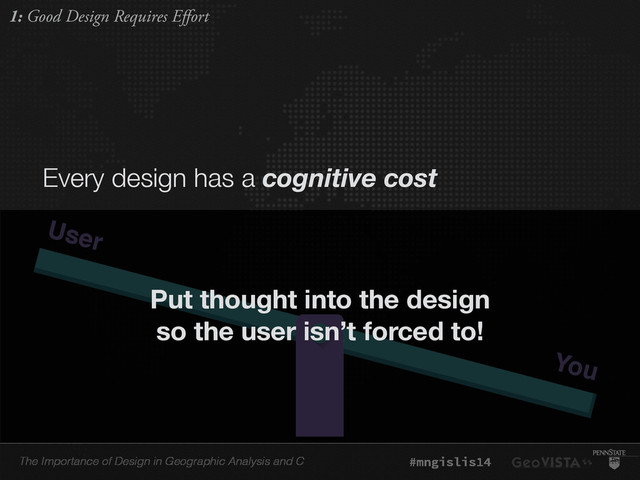 The Importance of Design in Geographic Analysis and C #mngislis14
You
User
Put thought into the design
so the user isn’t forced to!
Every design has a cognitive cost
1: Good Design Requires Effort

