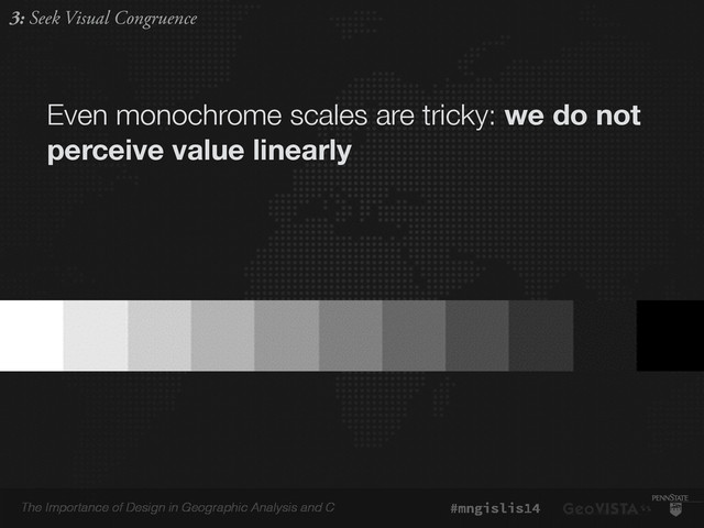 The Importance of Design in Geographic Analysis and C #mngislis14
Even monochrome scales are tricky: we do not
perceive value linearly
3: Seek Visual Congruence
