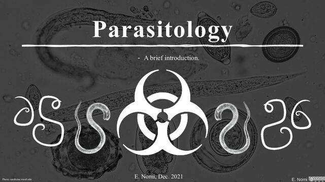 E. Nomi
Parasitology
- A brief introduction.
Photo: medicine.wustl.edu
E. Nomi, Dec. 2021
