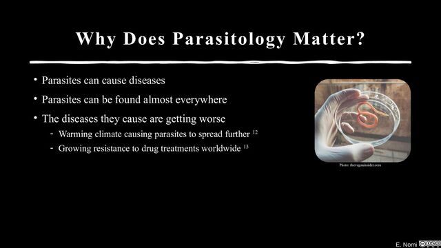 E. Nomi
Why Does Parasitology Matter?
• Parasites can cause diseases
• Parasites can be found almost everywhere
• The diseases they cause are getting worse
- Warming climate causing parasites to spread further 12
- Growing resistance to drug treatments worldwide 13
Photo: theveganinsider.com
