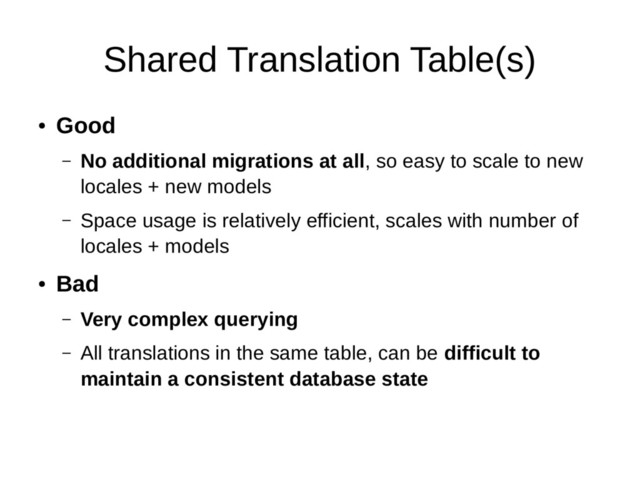 Shared Translation Table(s)
●
Good
– No additional migrations at all, so easy to scale to new
locales + new models
– Space usage is relatively efficient, scales with number of
locales + models
●
Bad
– Very complex querying
– All translations in the same table, can be difficult to
maintain a consistent database state
