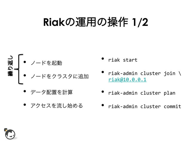 Riakͷӡ༻ͷૢ࡞ 1/2
•  ϊʔυΛىಈ	

•  ϊʔυΛΫϥελʹ௥Ճ	

•  riak	  start	  
•  riak-­‐admin	  cluster	  join	  \	  
riak@10.0.0.1	  
•  riak-­‐admin	  cluster	  plan	  
•  riak-­‐admin	  cluster	  commit	  
•  σʔλ഑ஔΛܭࢉ	

•  ΞΫηεΛྲྀ࢝͠ΊΔ	


