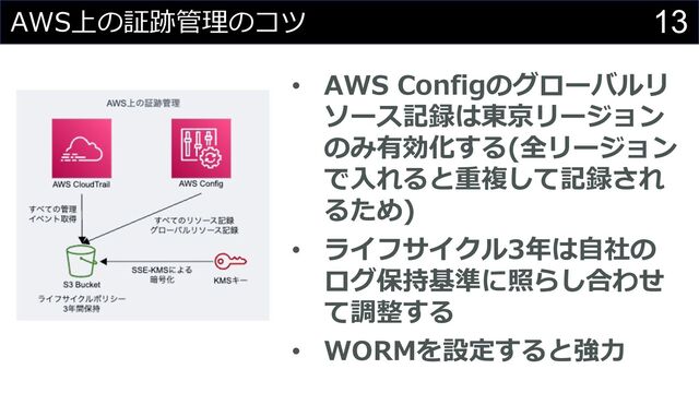 13
AWS上の証跡管理のコツ
• AWS Configのグローバルリ
ソース記録は東京リージョン
のみ有効化する(全リージョン
で⼊れると重複して記録され
るため)
• ライフサイクル3年は⾃社の
ログ保持基準に照らし合わせ
て調整する
• WORMを設定すると強⼒
