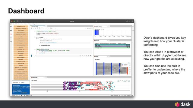 Dashboard
Dask’s dashboard gives you key
insights into how your cluster is
performing.
You can view it in a browser or
directly within Jupyter Lab to see
how your graphs are executing.
You can also use the built in
profiler to understand where the
slow parts of your code are.

