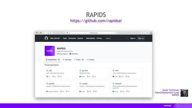 14
RAPIDS
https://github.com/rapidsai
Jacob Tomlinson
Cloud Deployment Lead
RAPIDS
