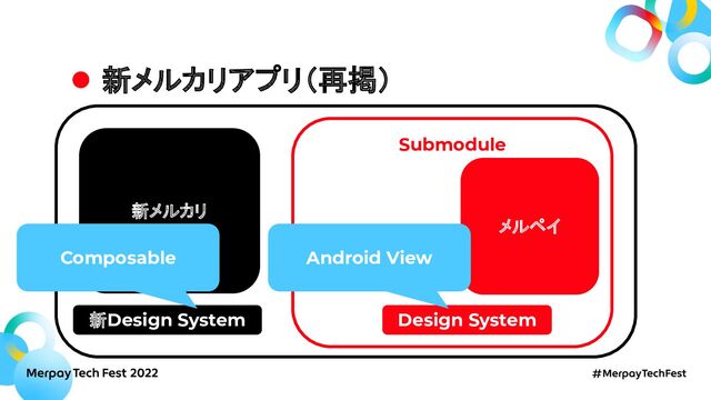新メルカリアプリ（再掲）
メルペイ
Design System
新メルカリ
新Design System
Submodule
Composable Android View
