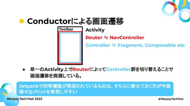 Conductorによる画面遷移
● 単一のActivity上でRouterによってController群を切り替えることで
画面遷移を実現している。
Jetpackで同等機能が実現されているものは、そちらに寄せておく方が今後
様々なメリットを享受しやすい
Activity
Controller ≒ Fragment, Composable etc
Toolbar
Router ≒ NavController

