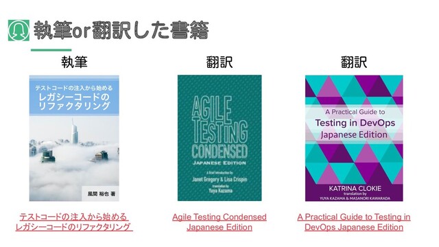 執筆or翻訳した書籍
Agile Testing Condensed
Japanese Edition
テストコードの注入から始める
レガシーコードのリファクタリング
A Practical Guide to Testing in
DevOps Japanese Edition
執筆 翻訳 翻訳
