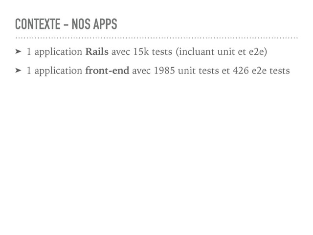 CONTEXTE - NOS APPS
➤ 1 application Rails avec 15k tests (incluant unit et e2e)
➤ 1 application front-end avec 1985 unit tests et 426 e2e tests
