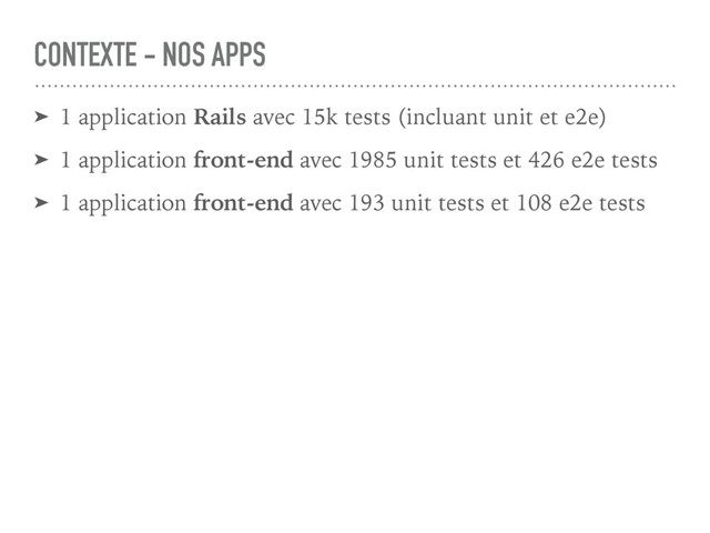 CONTEXTE - NOS APPS
➤ 1 application Rails avec 15k tests (incluant unit et e2e)
➤ 1 application front-end avec 1985 unit tests et 426 e2e tests
➤ 1 application front-end avec 193 unit tests et 108 e2e tests
