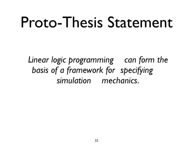 Proto-Thesis Statement
[Linear logic programming]+ can form the
basis of a framework for [specifying]+
[simulation]+ mechanics.
32
