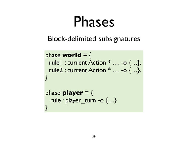 Phases
Block-delimited subsignatures
phase world = {
rule1 : current Action * … -o {…}.
rule2 : current Action * … -o {…}.
}
phase player = {
rule : player_turn -o {…}
}
39
