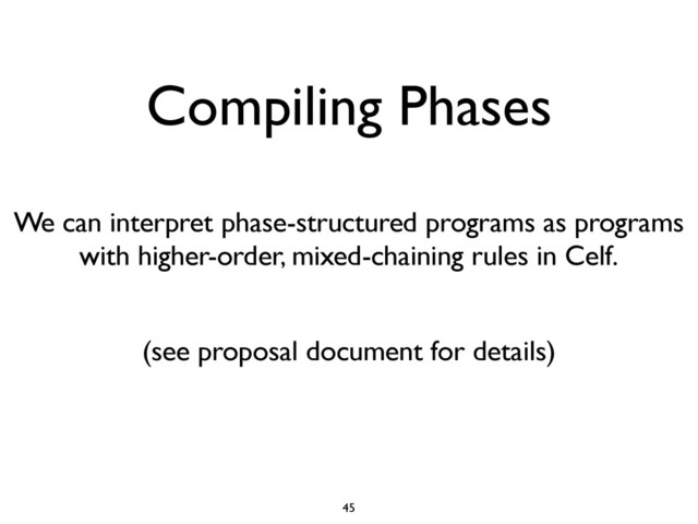 Compiling Phases
45
We can interpret phase-structured programs as programs
with higher-order, mixed-chaining rules in Celf.
(see proposal document for details)
