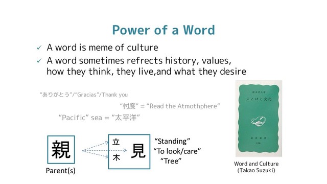Power of a Word
 A word is meme of culture
 A word sometimes refrects history, values,
how they think, they live,and what they desire
Word and Culture
(Takao Suzuki)
“ありがとう”/”Gracias”/Thank you
親
Parent(s)
立
木
見 “Standing”
“Tree”
“To look/care”
“Pacific” sea = “太平洋”
“忖度” = “Read the Atmothphere”
