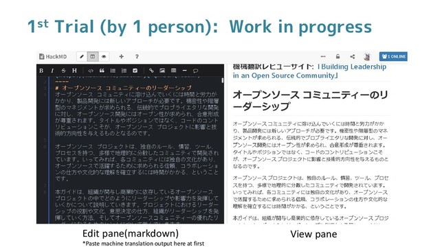 1st Trial (by 1 person): Work in progress
Edit pane(markdown)
*Paste machine translation output here at first
View pane
