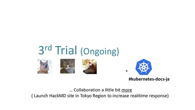 3rd Trial (Ongoing)
#kubernetes-docs-ja
+
… Collaboration a little bit more
( Launch HackMD site in Tokyo Region to increase realitime response)
