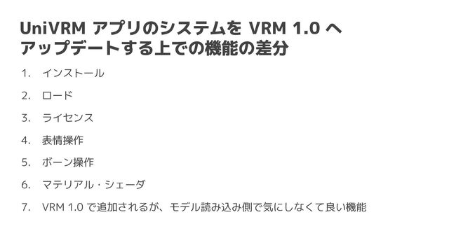 UniVRM アプリのシステムを VRM 1.0 へ
アップデートする上での機能の差分
1. インストール
2. ロード
3. ライセンス
4. 表情操作
5. ボーン操作
6. マテリアル・シェーダ
7. VRM 1.0 で追加されるが、モデル読み込み側で気にしなくて良い機能
