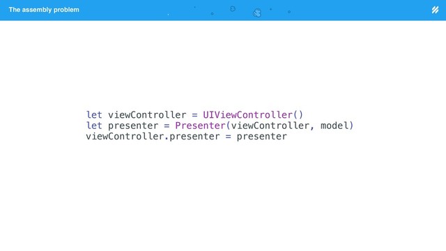 Page heading
The assembly problem
let viewController = UIViewController()
let presenter = Presenter(viewController, model)
viewController.presenter = presenter
