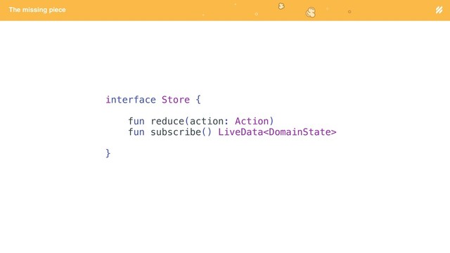 Page heading
The missing piece
interface Store {
fun reduce(action: Action)
fun subscribe() LiveData
}
