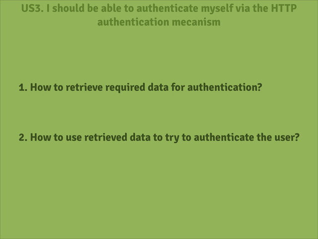 US3. I should be able to authenticate myself via the HTTP
authentication mecanism
1. How to retrieve required data for authentication?
2. How to use retrieved data to try to authenticate the user?
