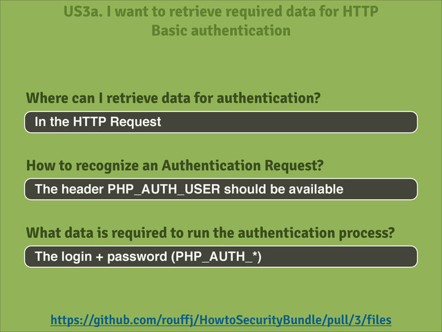 US3a. I want to retrieve required data for HTTP
Basic authentication
In the HTTP Request
Where can I retrieve data for authentication?
https://github.com/rouffj/HowtoSecurityBundle/pull/3/files
The header PHP_AUTH_USER should be available
How to recognize an Authentication Request?
The login + password (PHP_AUTH_*)
What data is required to run the authentication process?
