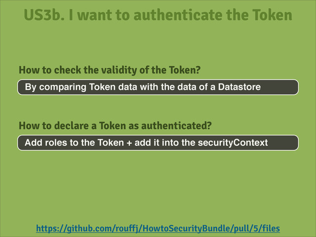 US3b. I want to authenticate the Token
By comparing Token data with the data of a Datastore
How to check the validity of the Token?
https://github.com/rouffj/HowtoSecurityBundle/pull/5/files
Add roles to the Token + add it into the securityContext
How to declare a Token as authenticated?

