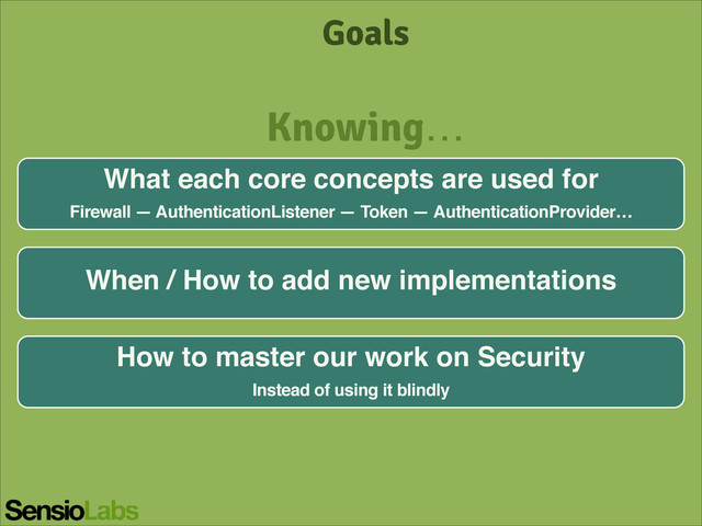 Goals
What each core concepts are used for!
Firewall — AuthenticationListener — Token — AuthenticationProvider…
Knowing…
When / How to add new implementations
How to master our work on Security!
Instead of using it blindly
