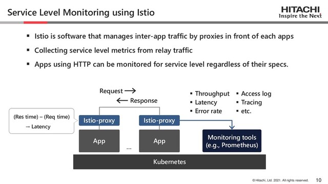 © Hitachi, Ltd. 2021. All rights reserved.
Service Level Monitoring using Istio
▪ Istio is software that manages inter-app traffic by proxies in front of each apps
▪ Collecting service level metrics from relay traffic
▪ Apps using HTTP can be monitored for service level regardless of their specs.
10
▪ Throughput
▪ Latency
▪ Error rate
▪ Access log
▪ Tracing
▪ etc.
…
Kubernetes
App
Monitoring tools
(e.g., Prometheus)
App
Istio-proxy Istio-proxy
Response
Request
(Res time) – (Req time)
→ Latency
