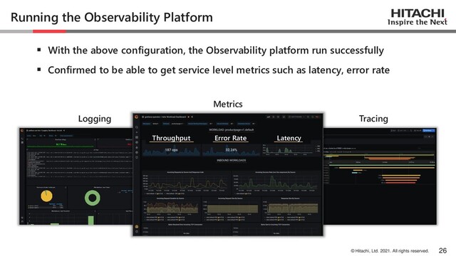 © Hitachi, Ltd. 2021. All rights reserved.
Running the Observability Platform
▪ With the above configuration, the Observability platform run successfully
▪ Confirmed to be able to get service level metrics such as latency, error rate
26
Metrics
Logging Tracing
Throughput Error Rate Latency
