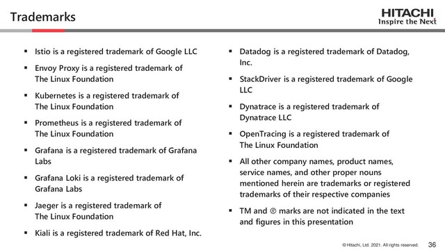 © Hitachi, Ltd. 2021. All rights reserved.
Trademarks
▪ Istio is a registered trademark of Google LLC
▪ Envoy Proxy is a registered trademark of
The Linux Foundation
▪ Kubernetes is a registered trademark of
The Linux Foundation
▪ Prometheus is a registered trademark of
The Linux Foundation
▪ Grafana is a registered trademark of Grafana
Labs
▪ Grafana Loki is a registered trademark of
Grafana Labs
▪ Jaeger is a registered trademark of
The Linux Foundation
▪ Kiali is a registered trademark of Red Hat, Inc.
▪ Datadog is a registered trademark of Datadog,
Inc.
▪ StackDriver is a registered trademark of Google
LLC
▪ Dynatrace is a registered trademark of
Dynatrace LLC
▪ OpenTracing is a registered trademark of
The Linux Foundation
▪ All other company names, product names,
service names, and other proper nouns
mentioned herein are trademarks or registered
trademarks of their respective companies
▪ TM and 🄬 marks are not indicated in the text
and figures in this presentation
36
